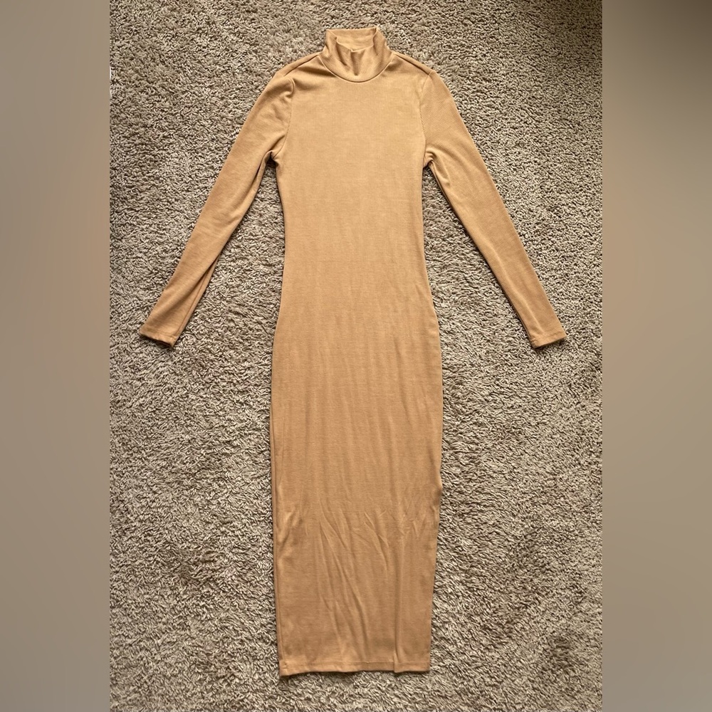 shein beige turtleneck knit dress